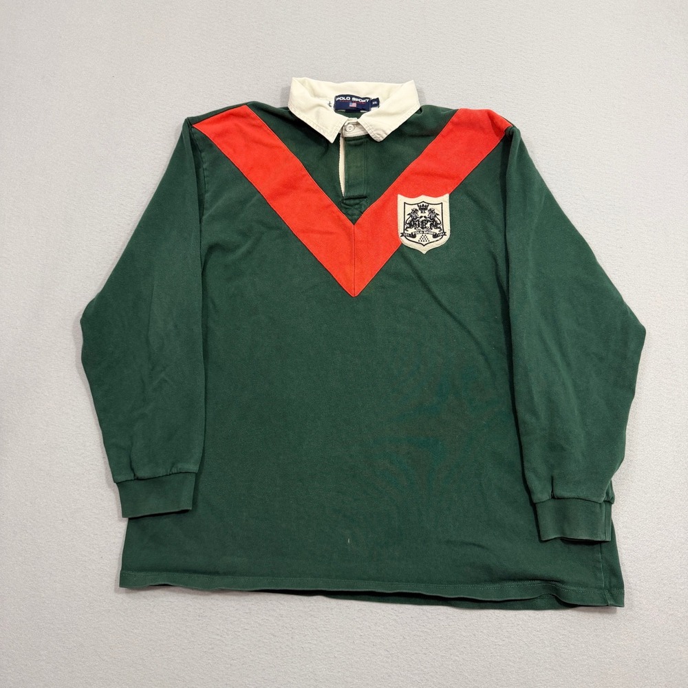 Vintage Polo Sport Rugby Shirt Men's XXL Green V-Chevron Crest Long Sleeve 2004
